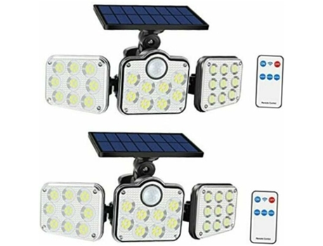 Paquete de 2 138 luces LED de inundación solares para exteriores, impermeables IP65 con control remoto, 3 portalámparas ajustables, gran angular de...