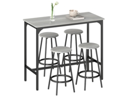 Mesa alta y 4 taburetes con reposapiés, de metal negro con acabado de madera, para cocina/comedor.