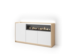 Aparador de comedor, 156x37x80cm, 3 puertas, chimenea eléctrica, iluminación LED, blanco y roble claro.