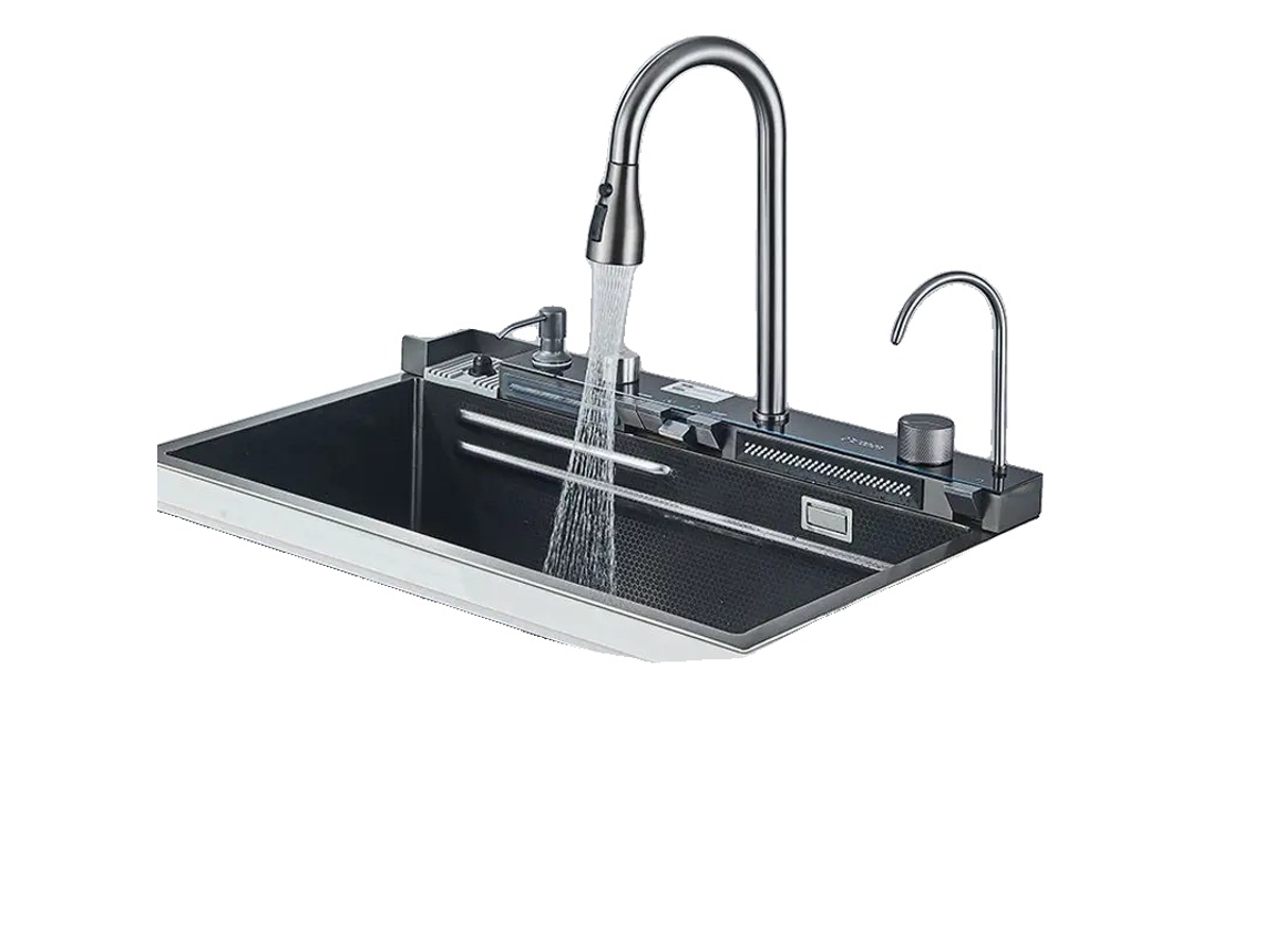 Fregadero de cocina de acero inoxidable con pantalla digital inteligente, negro, 75 x 45, OEM