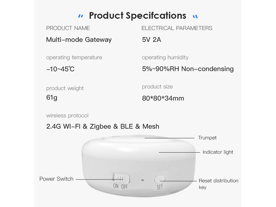 Tuya Multifuncional Multimodo Wifi 2.4G Zigbee 3.0 BLE Beacon Gateway para Control por Voz en el Hogar