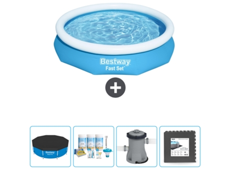 Piscina Hinchable Redonda Fast Set BESTWAY - 305 x 66 cm - Azul - Incluida Cubrir - Paquete de mantenimiento - Bomba - Baldosas