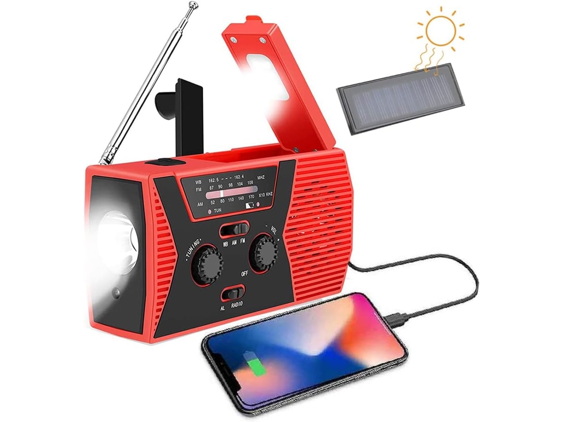 Radio solar portátil Yuysan Hy018, AM/FM/NOAA, con linterna LED, batería de 2000 mAh, color rojo