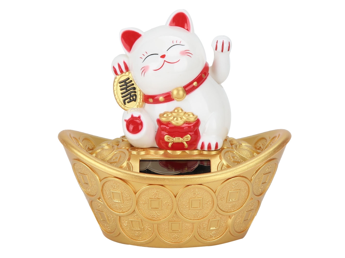 Gato De La Suerte Solar Dibujos Animados Adorable Con Manos Que Se Mueven Decoración Para El Hogar Tienda Restaurante Blanco