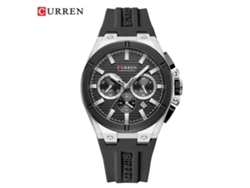 Reloj De Hombre (correa Negra, Caja Plateada, Detalles En Negro), Seis Agujas, Cronógrafo De Cuarzo, Reloj Deportivo.