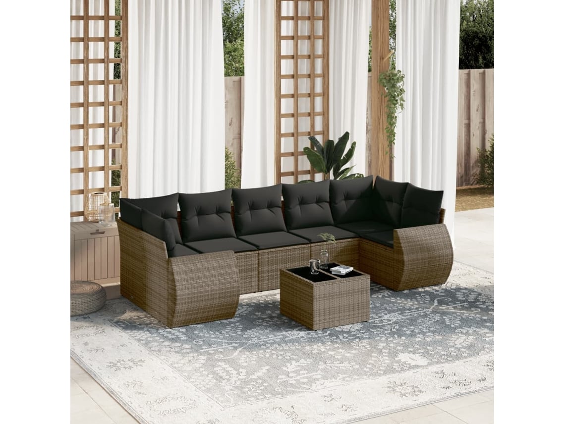 Conjunto de sofá de jardín de 8 piezas con cojines, ratán gris, DKD Home Decor