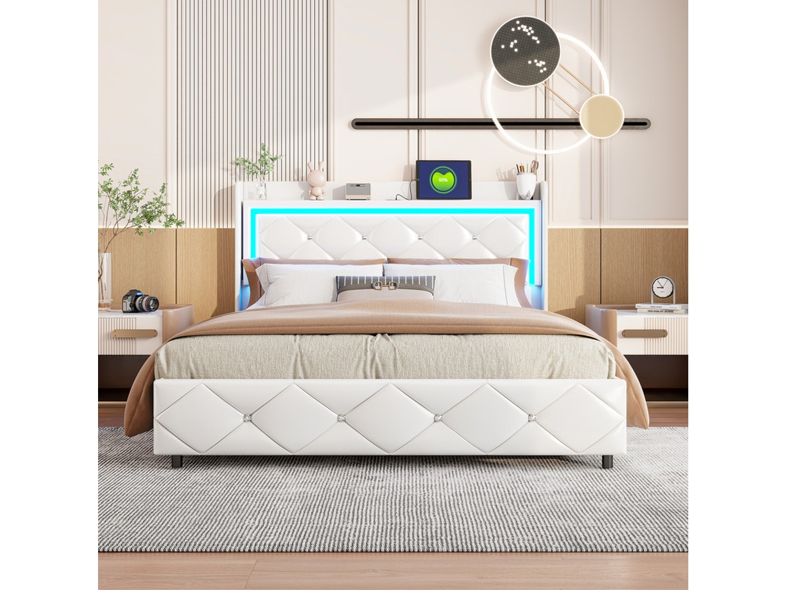 Cama Matrimonial Led Con Almacenaje Hidráulico, 140x200 Cm, Cabecero Tapizado En Cuero Pu Con Luz Rgb Y Estación De Carga Usb, Diseño Minimalista