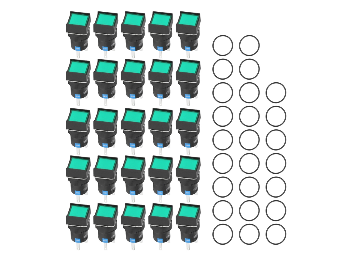 25 Interruptores Pulsadores Cuadrados Autoblocantes Con Luz, 16 Mm, 5 A