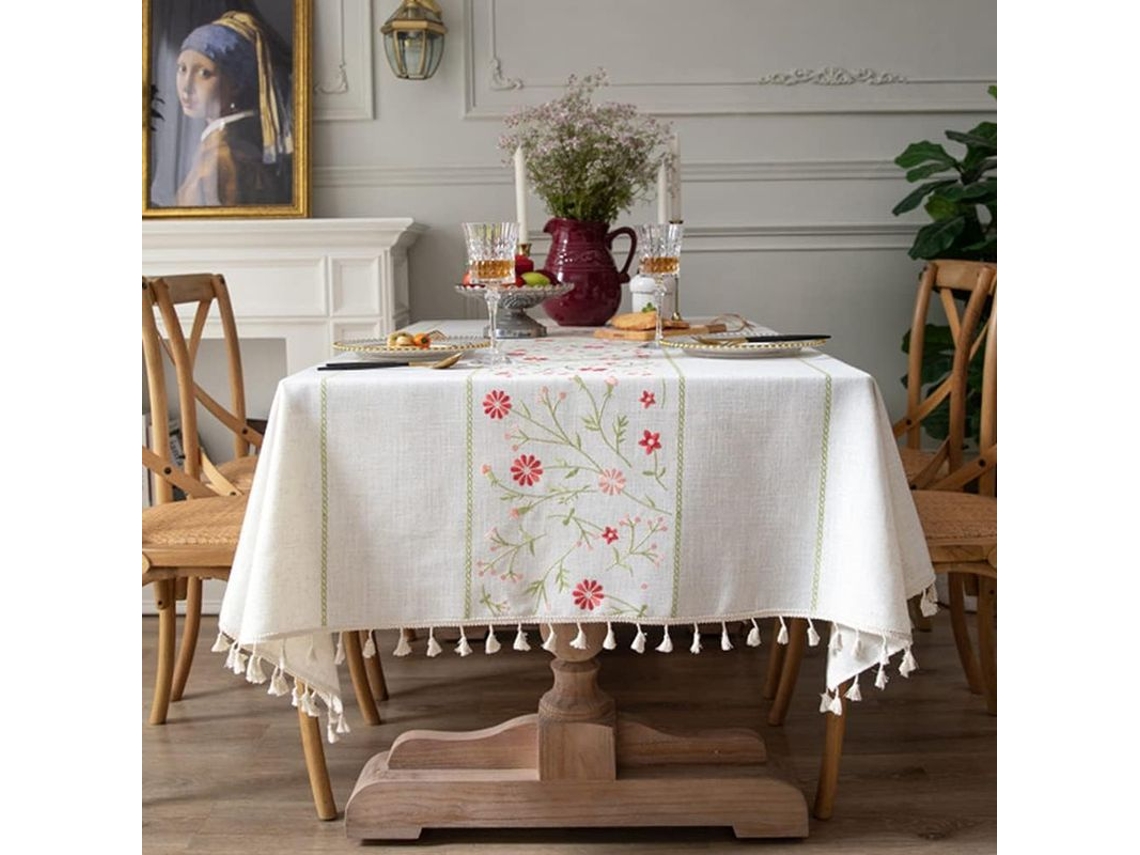 2026-mantel Rectangular De Algodón Lino 55x70 Pulgadas Resistente Arrugas Con Diseño Floral Decorativo Para Mesa 4-6 Personas