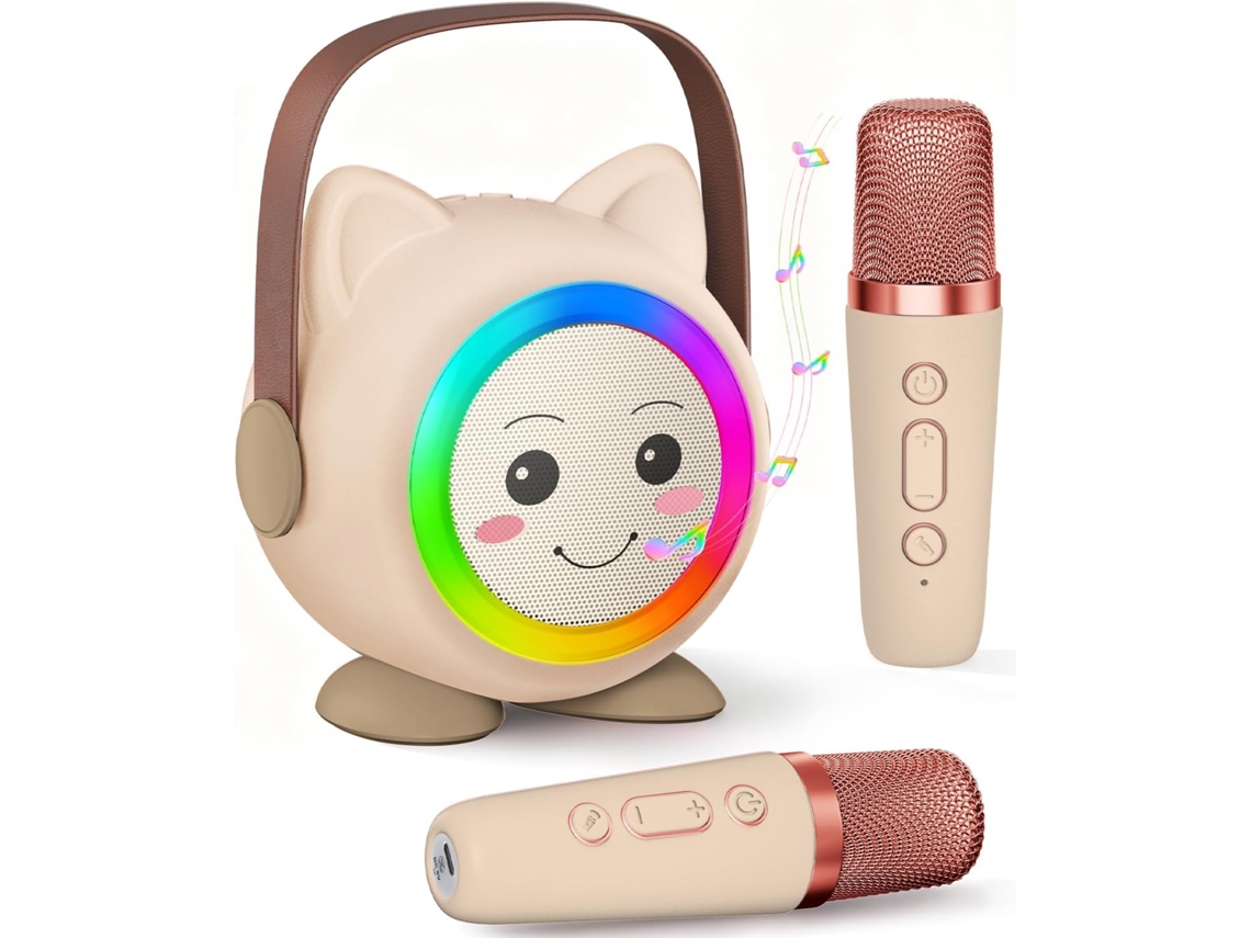 Máquina de karaoke infantil (sin marca), con altavoz Bluetooth y micrófono integrado, color rosa.
