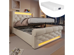 Cama Individual De Terciopelo Beige De 90x200 Cm Con Estructura De Cama Led Usb Y Almacenamiento.