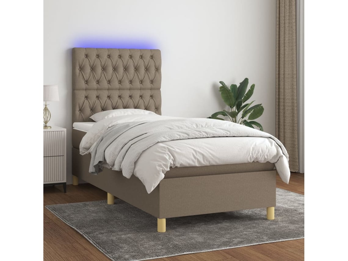 Cama Box Spring Colchón Y Luces Led Tela Gris Taupe 90x200 Cm