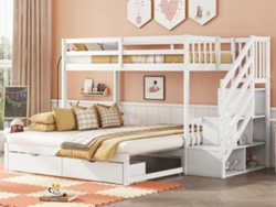 Litera De Madera - 90x200cm + 90/180x200cm - 2 Cajones Y Estantes - 2 Somieres - Blanco