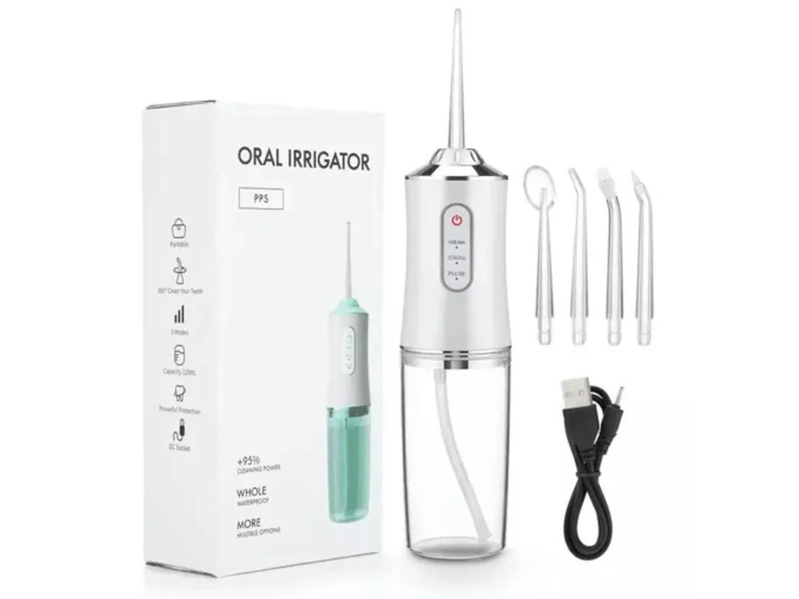 Irrigador bucal Yizhood blanco recargable, portátil, con hilo dental USB