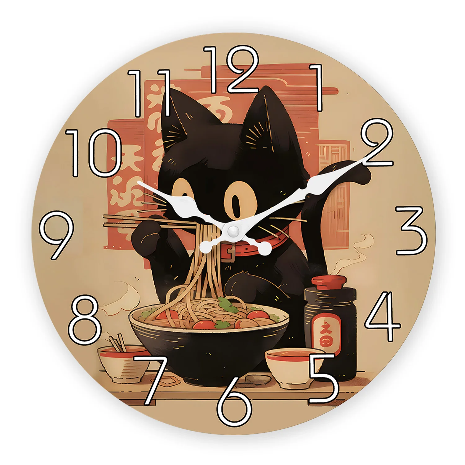 Relógio De Parede Retrô De Madeira Com Um Gato Preto Fofo Comendo Ramen (40 Cm), Relógio De Quartzo Silencioso.