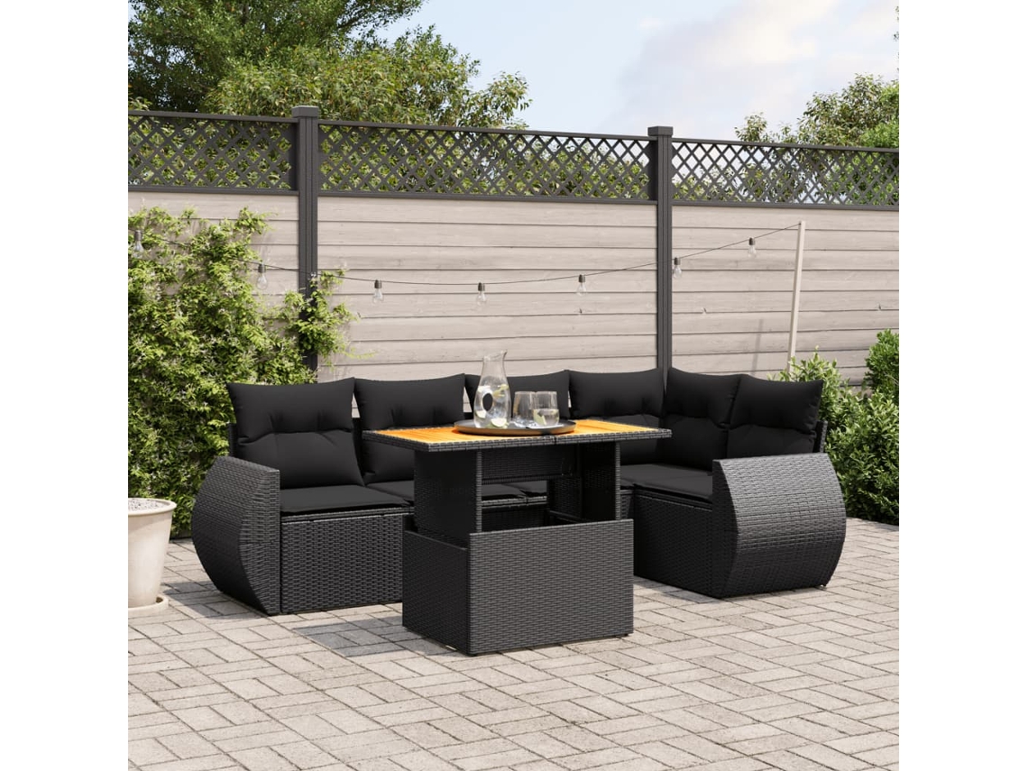 Conjunto de sofá de jardín de 6 piezas con cojines, mimbre sintético negro, DKD Home Decor