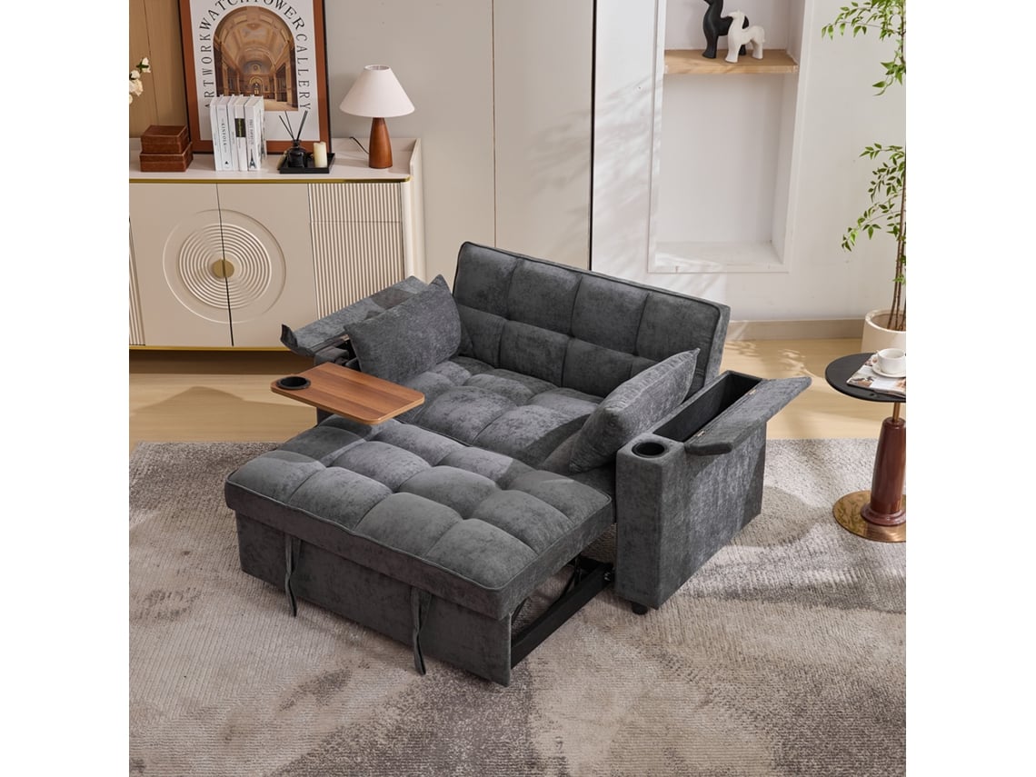 Sofá cama 140,5 x 74 x 82 cm - 3 en 1, con respaldo ajustable, puerto USB, mesa oculta, portavasos - Gris