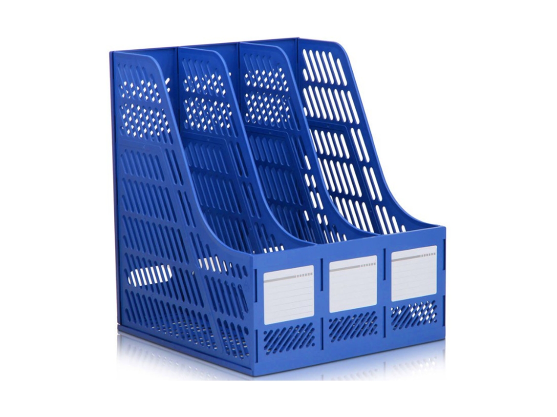 Organizador De Escritorio Azul De Plástico Con 3 Compartimentos Para Archivos Y Revistas En La Oficina.