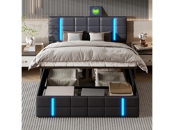 Cama Matrimonial Hidráulica 160x200 Cm Con Almacenaje, Led Rgb Y Usb, Cabecero Tapizado Negro