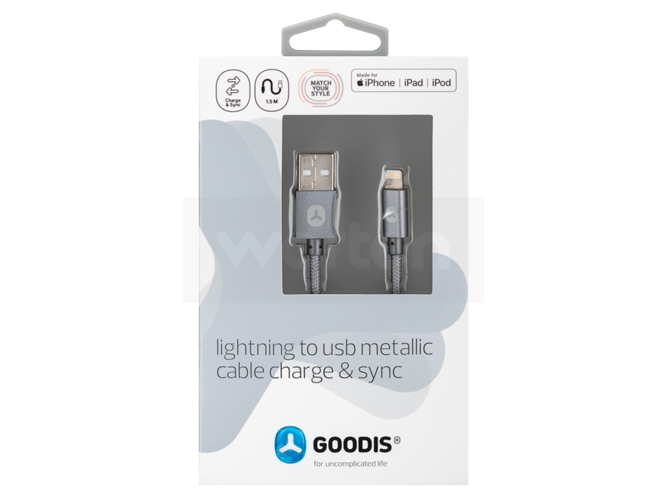 Cable GOODIS Metallic (USB - Lightning - 1.5 m - Plateado) — USB, Lightning | 1,5 m