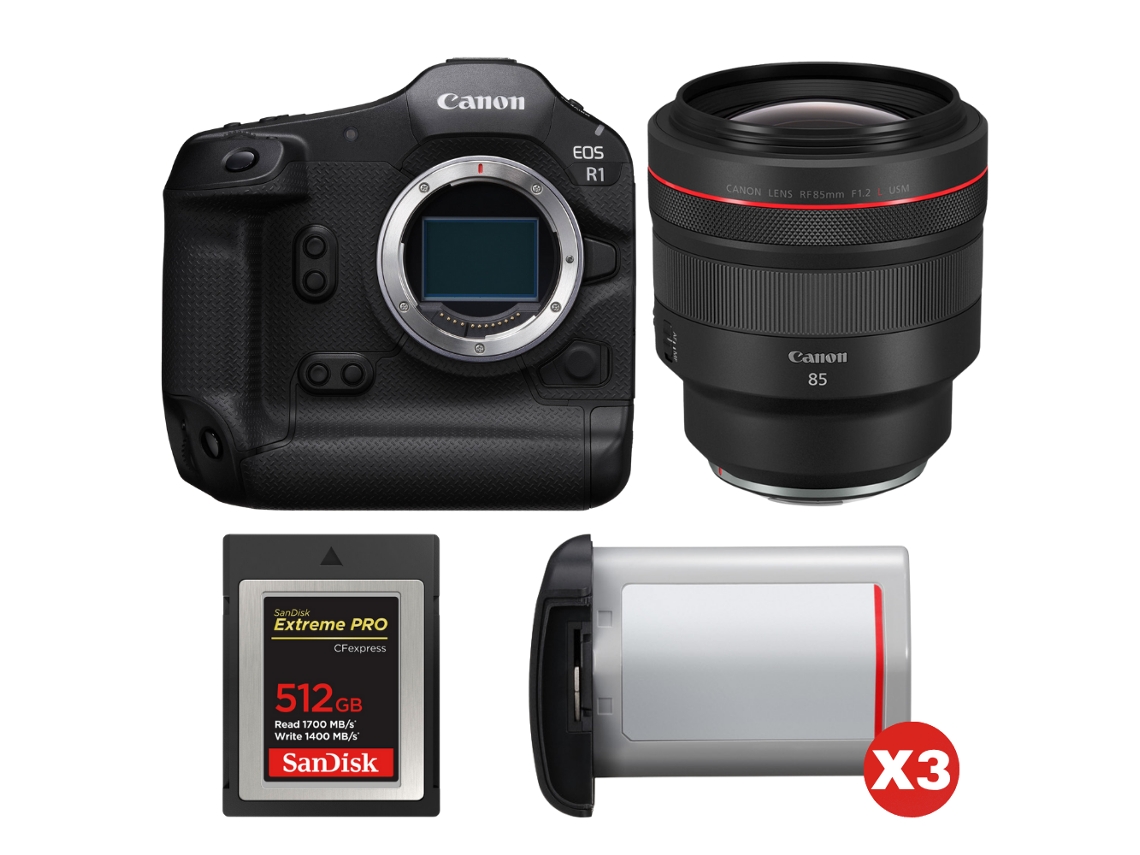Canon EOS R1 + RF 85mm F/1.2 L Usm + 1 Sandisk 512GB Extreme Pro CFExpress Tipo B + 3 Canon LP e19 + Libro electrónico “20 consejos para fotos impresionantes”