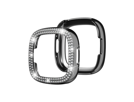 Caja de reloj con pieza de galvanoplastia de diamantes de doble hilera para Fitbit Versa 4/Sense 2 (negro)