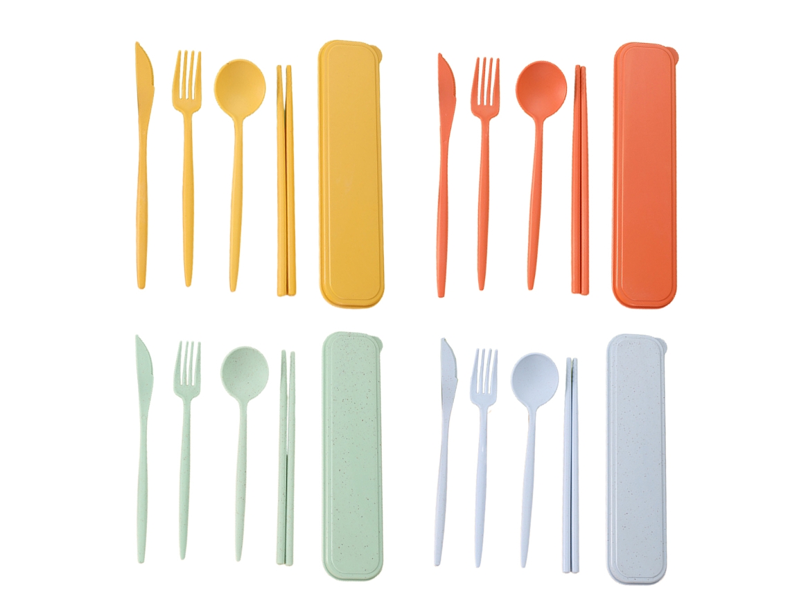 Set de Utensilios Reutilizables - 4 Piezas con Estuche, Cubiertos de Paja de Trigo, Palillos, Cuchillo, Cuchara y Tenedor TRUYUETY