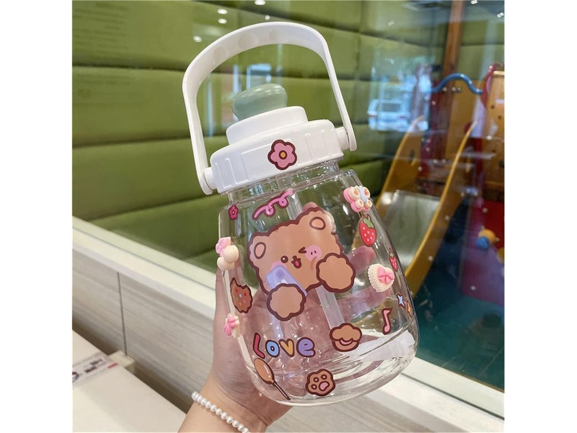 2026da-botella De Agua Con Pajita Y Pegatina Kawaii, Cute Para Mujer Con Asa Rosa 1.3l