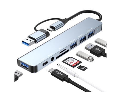 Adaptador USB C 8 en 1, adaptador multipuerto USB C Hub con 4USB A, puertos de datos USB-C, lector de tarjetas SD/TF, conector para auriculares de ...