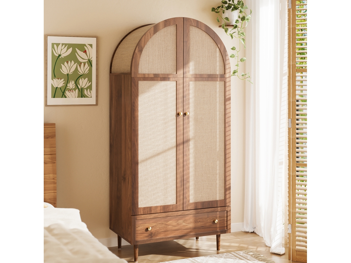 Elegante armario con puertas de tela y cajón - Aparador - Madera, patas de madera estables, práctico espacio de almacenamiento para ropa y accesorios.