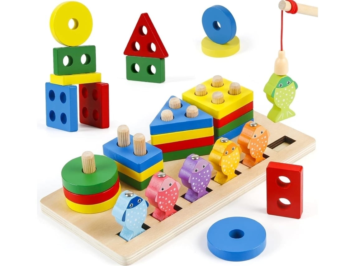 Apilador Geométrico De Madera Montessori Toys Con Juego De Pesca, Clasificador Mzm01*