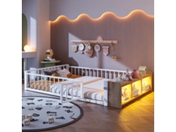 Cama Baja, 140x200 Cm - Estructura Metálica, Con Barandilla De Seguridad, Sin Colchón, Con Compartimentos Y Luces Led - Blanco