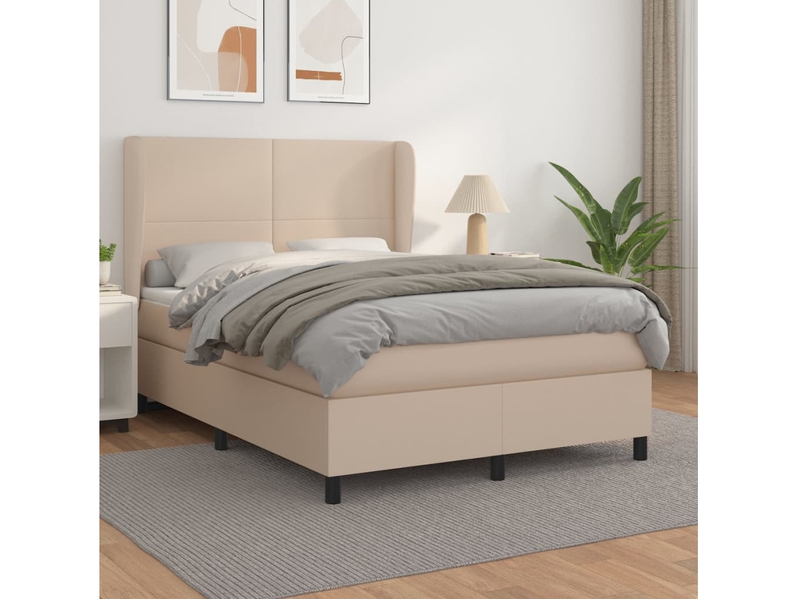 Cama Box Spring Con Colchón Cuero Sintético Capuchino 140x200cm