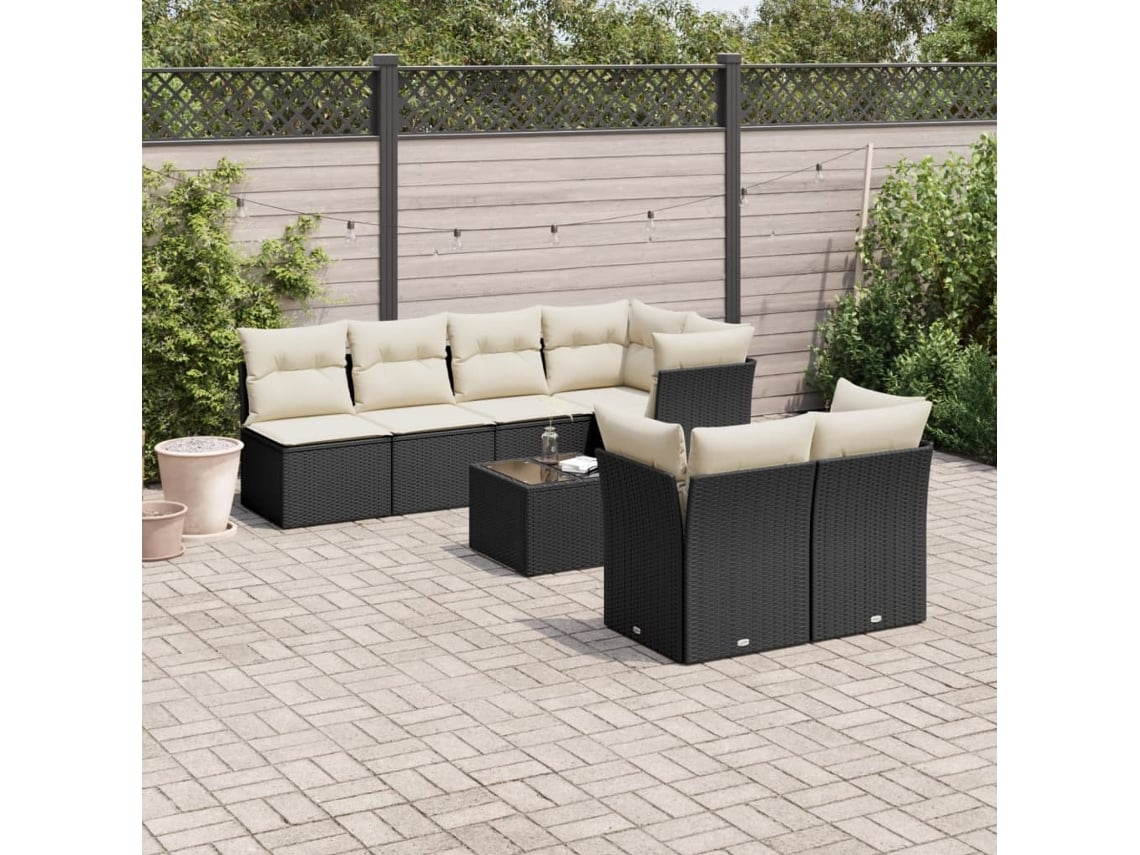 Conjunto de 8 sofás de jardín con cojines de mimbre sintético negro, Dkd Home Decor