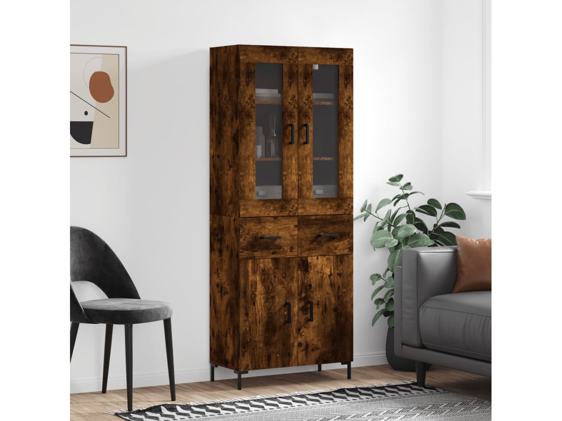 Aparador Alto | Aparador De Comedor | Armario De Cocina Madera Contrachapada Roble Ahumado 69,5x34x180 Cm