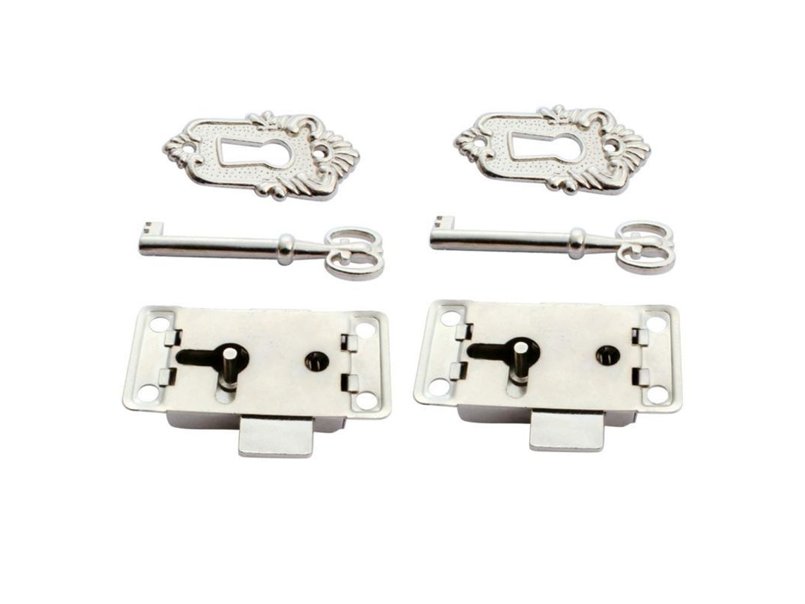 2 Cerrojos Antiguos Para Muebles Con Llave Y Tornillos Decorativos Plata