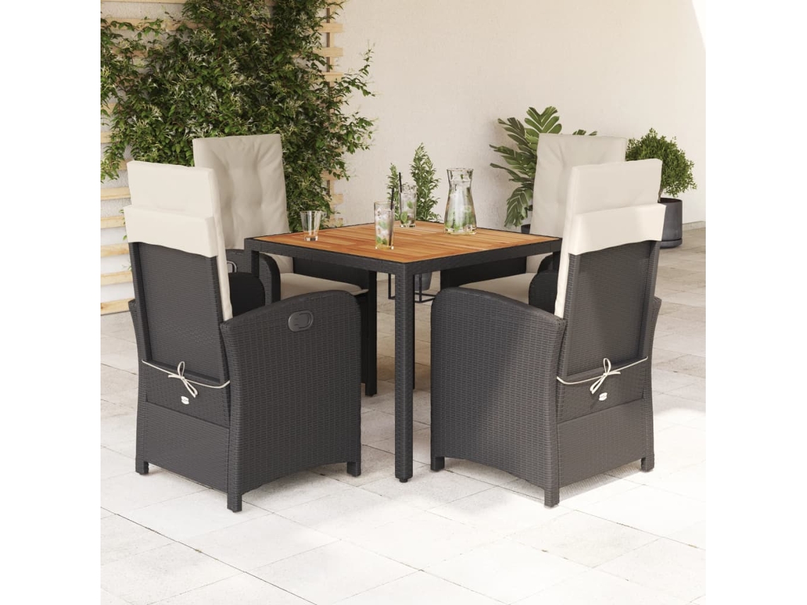 Juego de comedor de jardín de 5 piezas con cojines, mimbre sintético negro, DKD Home Decor