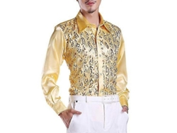 Camisa De Luxury Para Hombre Con Lentejuelas Cuello Lapel Manga Larga Slim Fit Formal Para Boda Y Escenario Dorado M