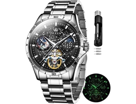 VEANXIN Reloj mecánico automático para hombre sin pilas con correa de acero inoxidable con fase lunar resistente al agua(plata)
