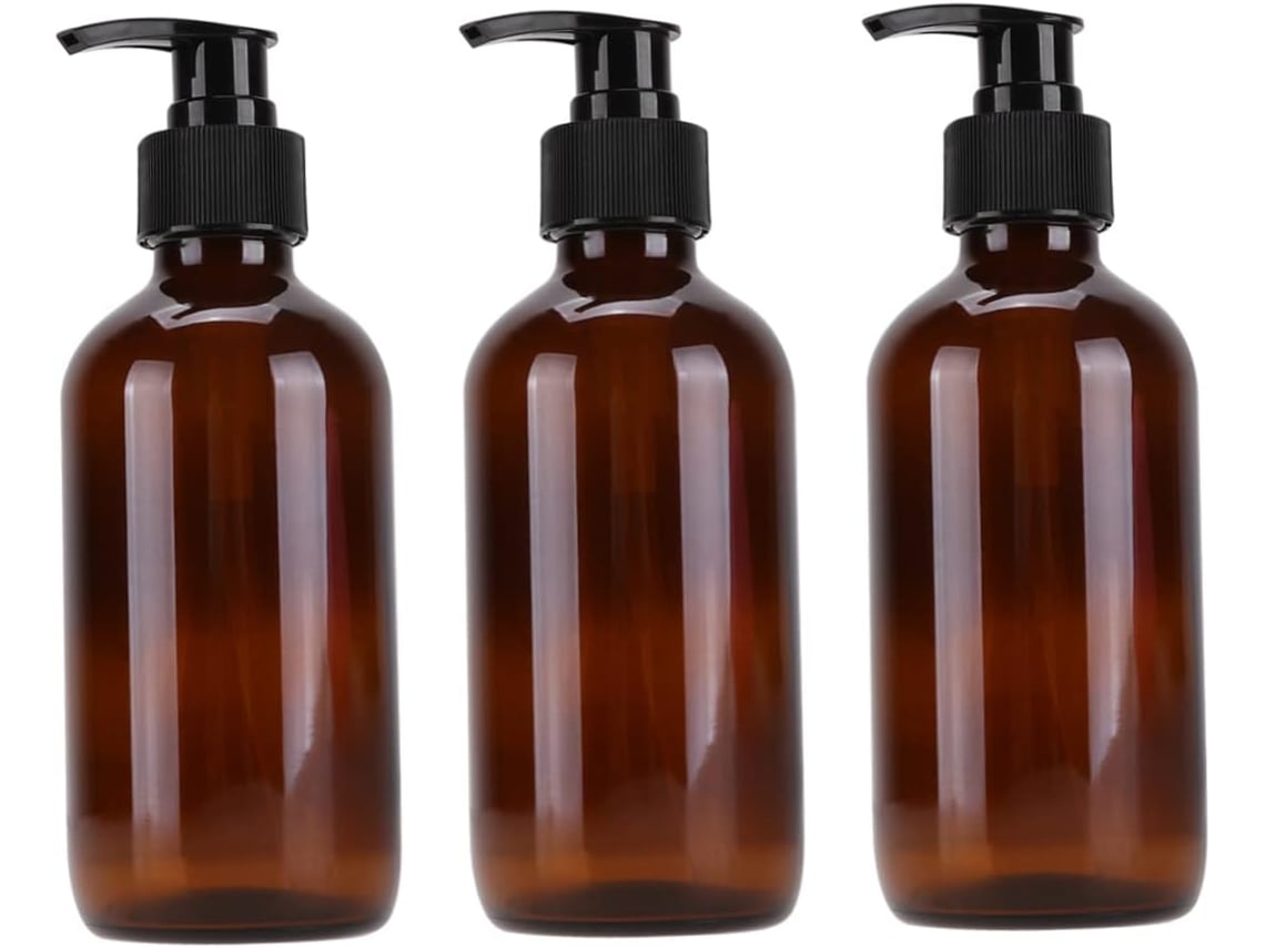 Juego De 3 Frascos De Vidrio Marrón Con Dosificador, 250 Ml, Para Loción Y Champú, Tapa Ancha, Ideales Para Viajes.