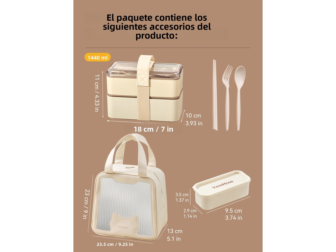 (set Marrón) Lonchera De Doble Capa Con Cubiertos Y Tapa Antifugas Apta Para Microondas, Fabricada En Plástico Ecológico.