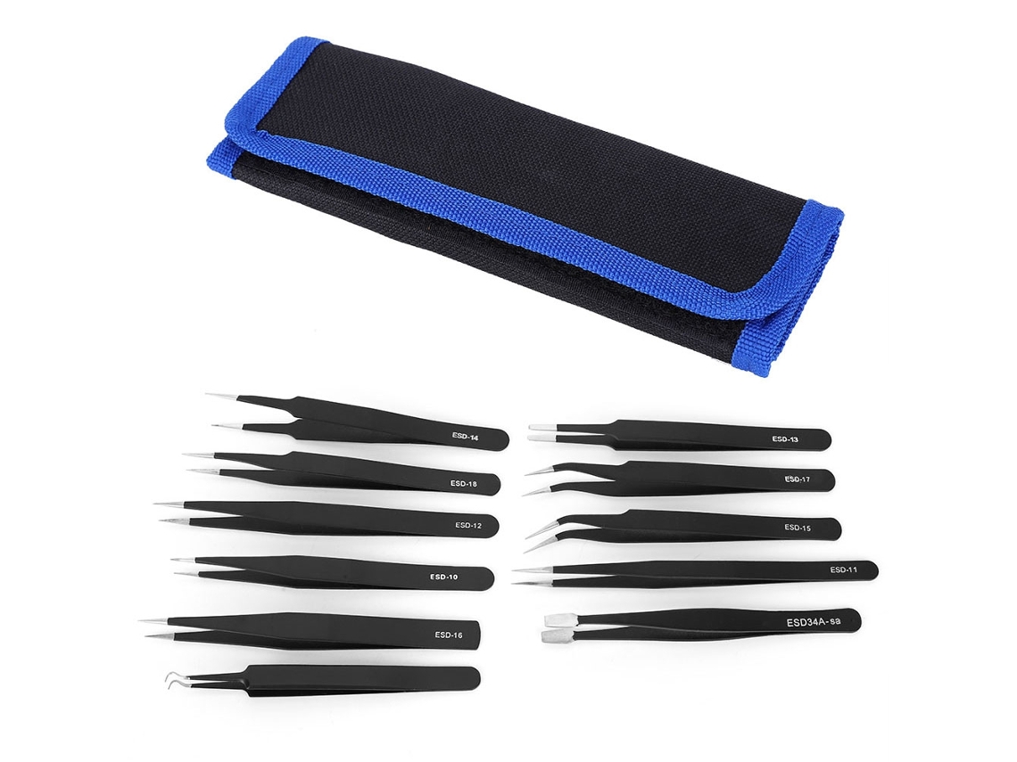 Juego De 11 Pinzas De Precisión Antiestáticas De Acero Inoxidable Con Bolsa De Lona.