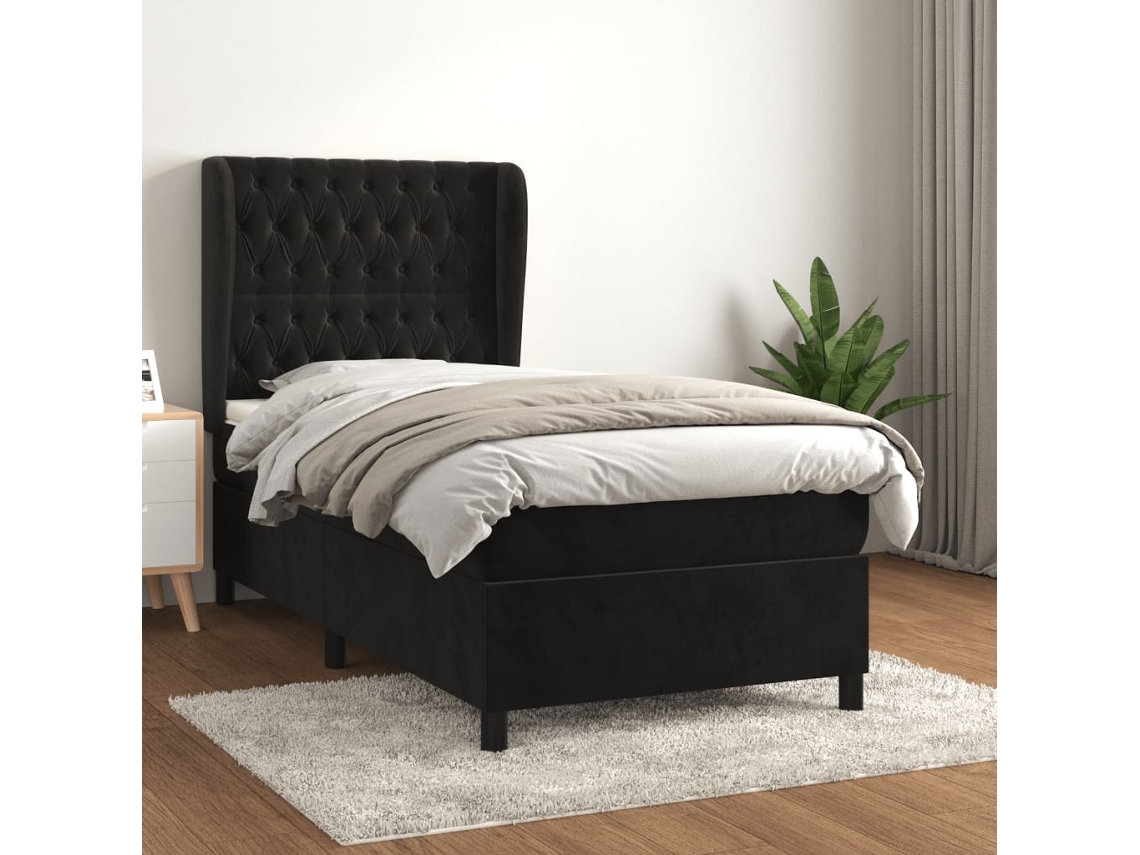 Cama Box Spring Con Colchón Terciopelo Negro 100x200 Cm