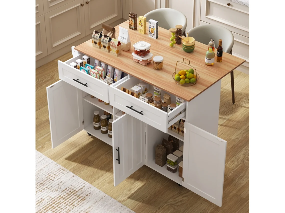 Mesa De Comedor-aparador De 129x46(71)x91,5 Cm Con Tapa Abatible, Puertas Y Estantes Interiores E Isla De Cocina Con 5 Ruedas.