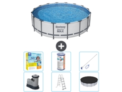 Piscina BESTWAY Round Steel Pro MAX - 488 x 122 cm - Gris - Bomba incluida - Escalera - Cobertor Paquete de mantenimiento - Filtrar - kit de limpieza