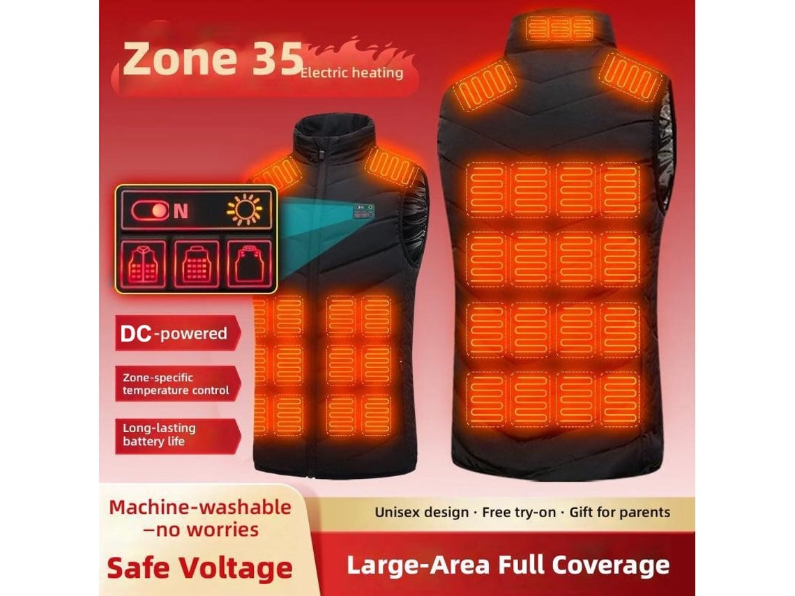 Chaleco Calefactable Eléctrico Negro Tengoo De 35 Zonas Para Hombre Y Mujer 5 Niveles De Control Carga Cc Unisex Lavable Para Exteriores Invierno