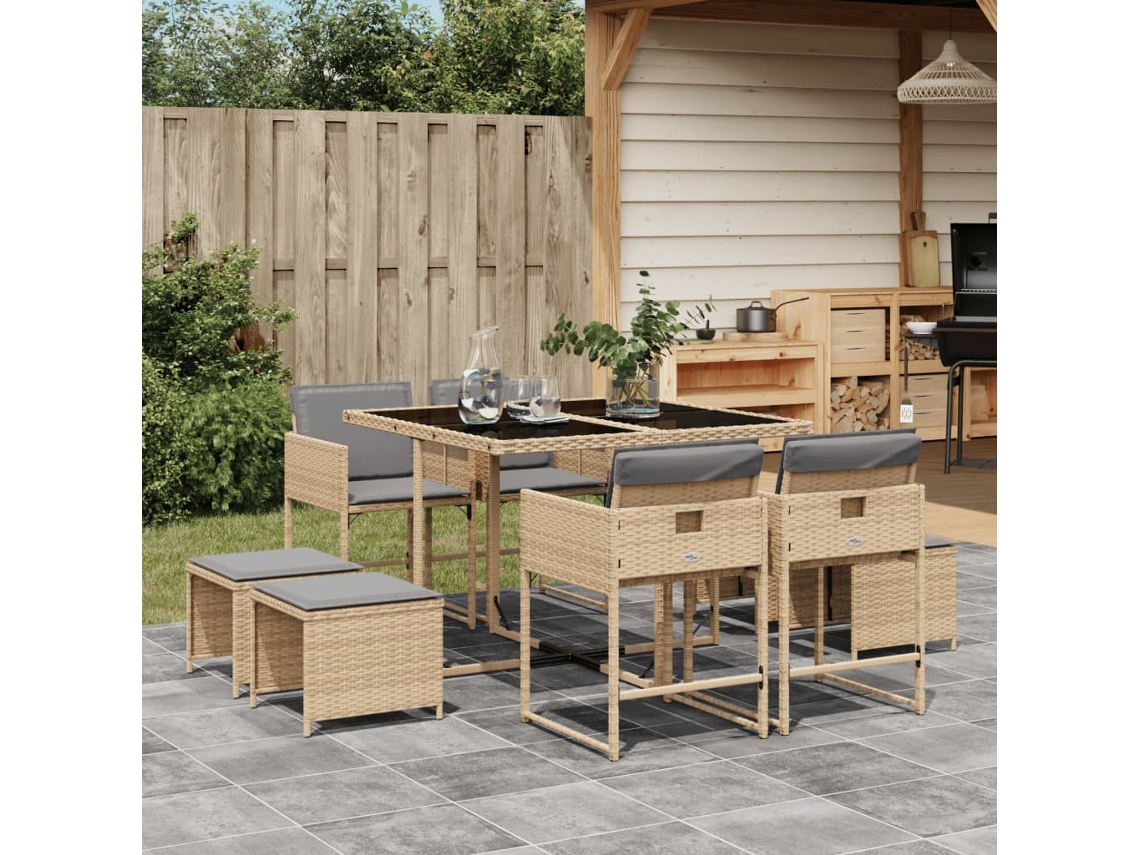 Conjunto de comedor de jardín de 9 piezas con cojines en mimbre beige mixto DKD Home Decor