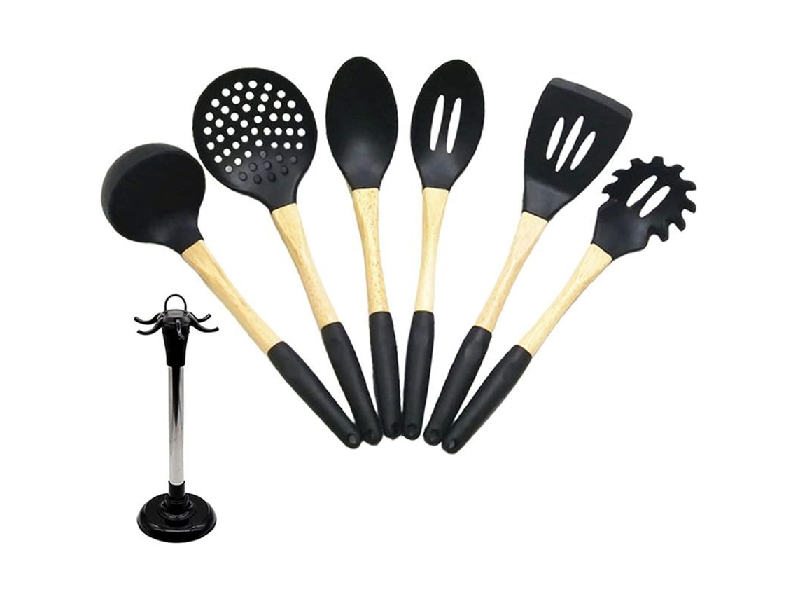 Conjunto de 6 utensílios de cozinha antiaderentes de silicone com cabo de madeira e suporte (modelo 2026).