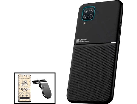 Kit Funda Magnetic Lux, Cristal Templado CeramicGlass Full Cover y Soporte Magnético L Safe Driving Samsung Galaxy M12 PHONECARE Negro