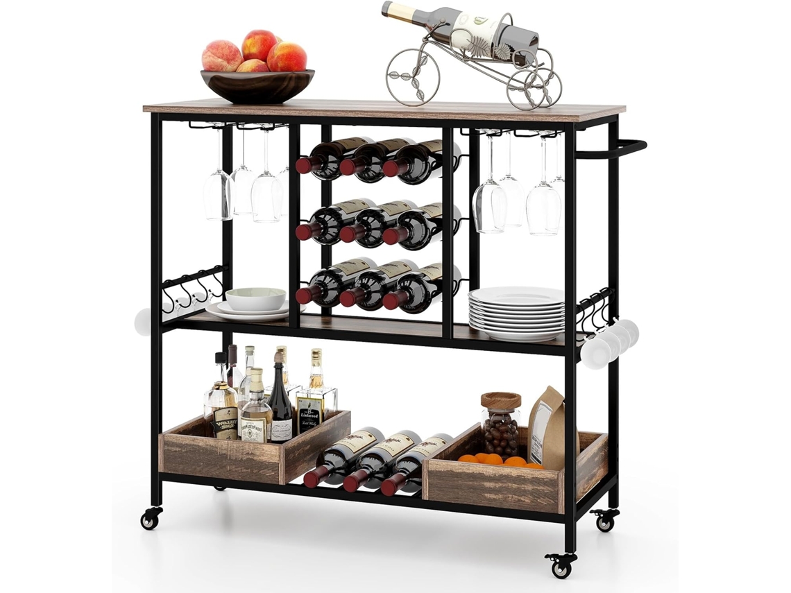 Carrito de Bar de 3 Niveles, Carro de Servicio con Ruedas, Soportes para 8 Copas, 8 Ganchos Laterales y 2 Cajas de Almacenamiento Inferiores (Gris) COSTWAY